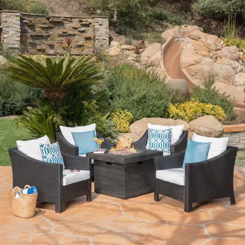 Christopher Knight Home Antibes Outdoor Wicker 5 Piece Club Chair and Fire Pit Set with Cushions