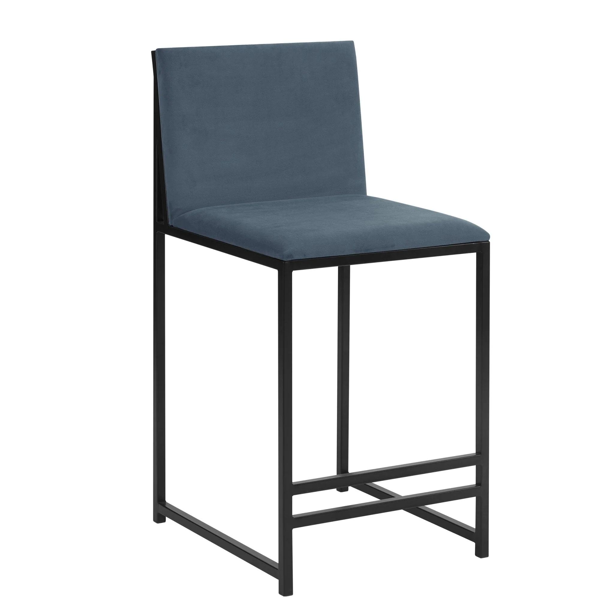 Modern Blue Velvet Barstool with Black Metal Frame for Kitchen