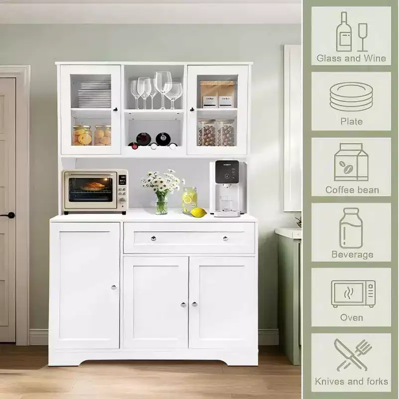 Kitchen Storage Cabinet, Kitchen Pantry Storage Cabinet with Countertop, Drawers and Door Shelves, Tall Food Pantry Cabinet For Food, Wine Storage