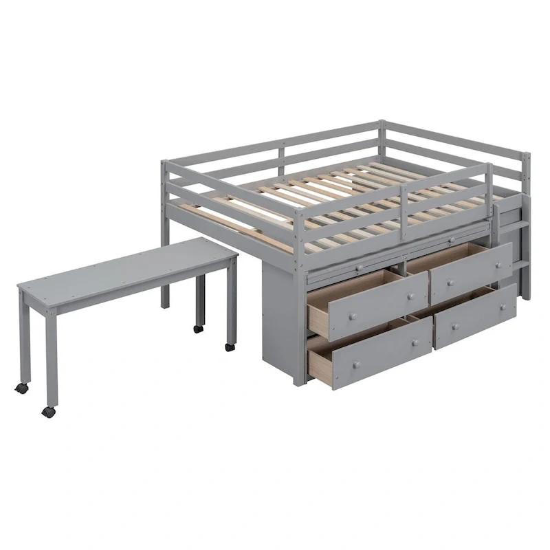Loft Bed with Retractable Writing Desk and 4 Drawers