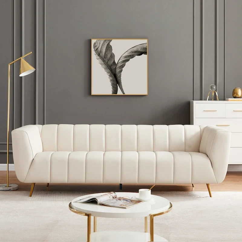Mid-Century Modern Tufted Top Grain Leather Sofa in Cream