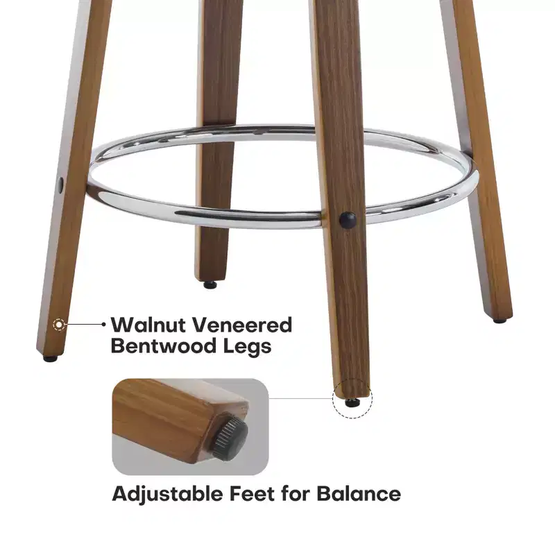 29 Swivel Upholstered Bar Stools, Leather Cushion Seat & Button-tufted Back Design with Bentwood Legs, Dark Grey