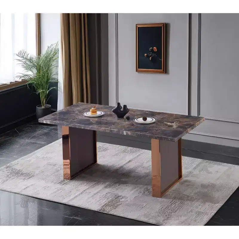 Okak 70.8 Inch Rectangle Dining Table with Faux Marble Tabletop and Stainless Steel Legs Kitchen Table for 6 to 8 for Living Room, Brown