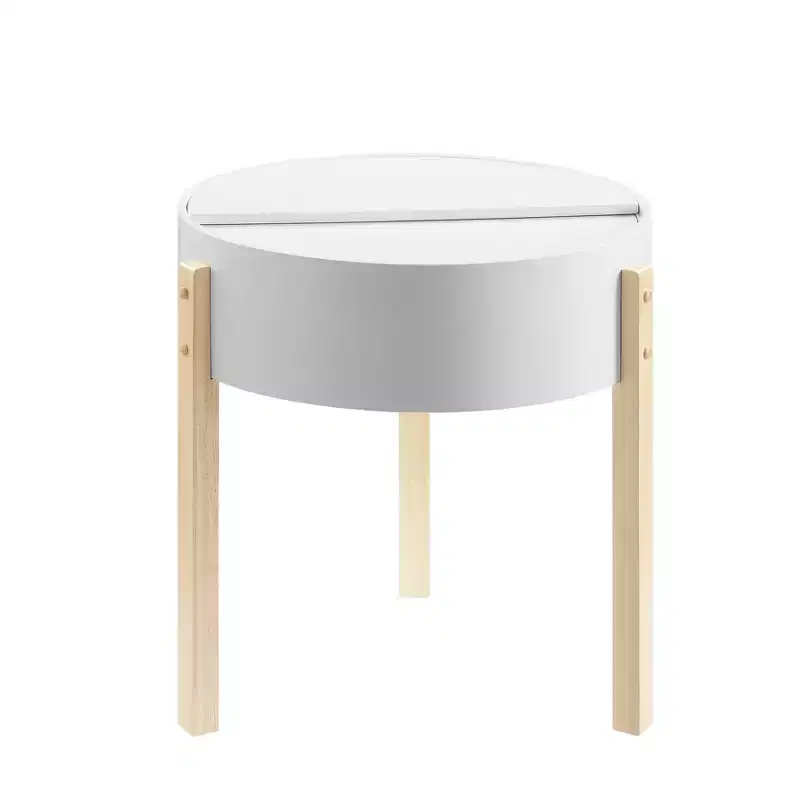 Mid-Century Modern End Table, White/Natural, Hidden Storage, Compact