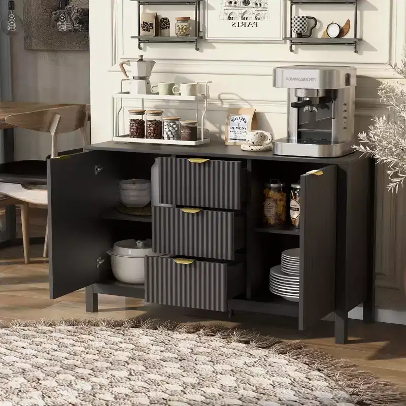 with Wave Design-3 Adjustable Shelves, 3 Drawers & Soft-Close Doors, Storage Console Table with Metal Handles