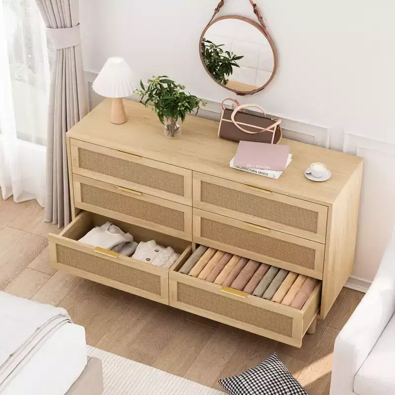 JVNOXK 51.186-Drawers Rattan Storage Cabinet Rattan Drawer with White Drawer Slides,for Bedroom,Living Room,Natural