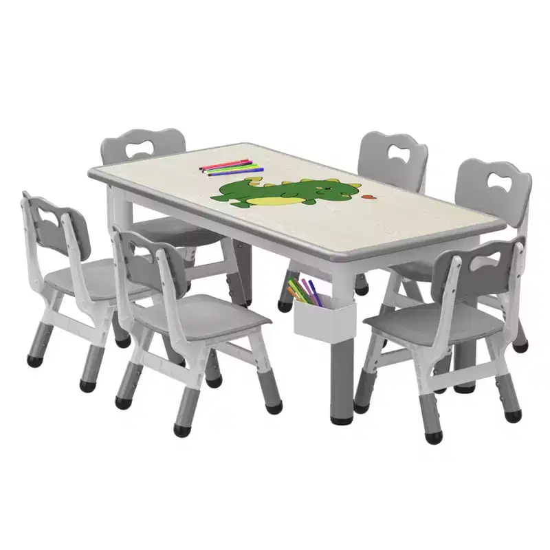 Whizmax Kids Table and Chair Set 120*60 CM, Height Adjustable Toddler Table and 6 Chairs Set for Ages 2-10, Graffiti Desktop, Non-Slip Legs,Gray