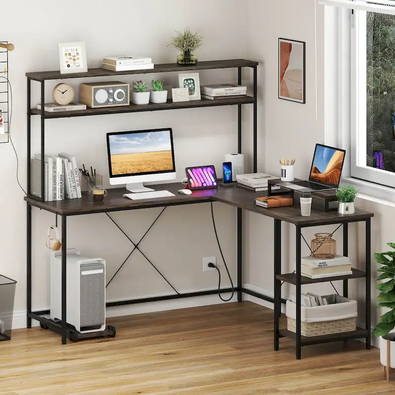 L-Shaped Gaming Desk with LED Strip & Power Outlets