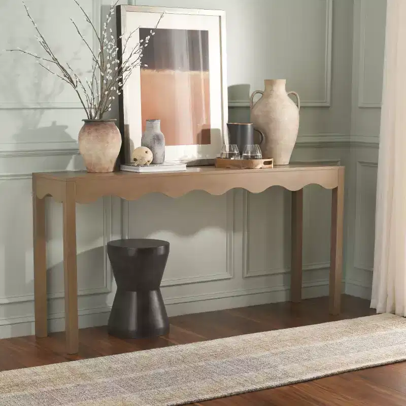 Wavy Console Table with Hairpin Legs, Natural Pine Finish