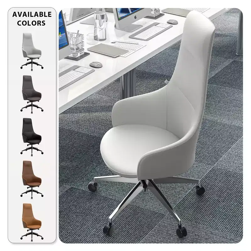 LeisureMod Celeste High-Back Leather Office Chair with Headrest - Modern Iron Frame Swivel & Tilt Executive Desk Chair