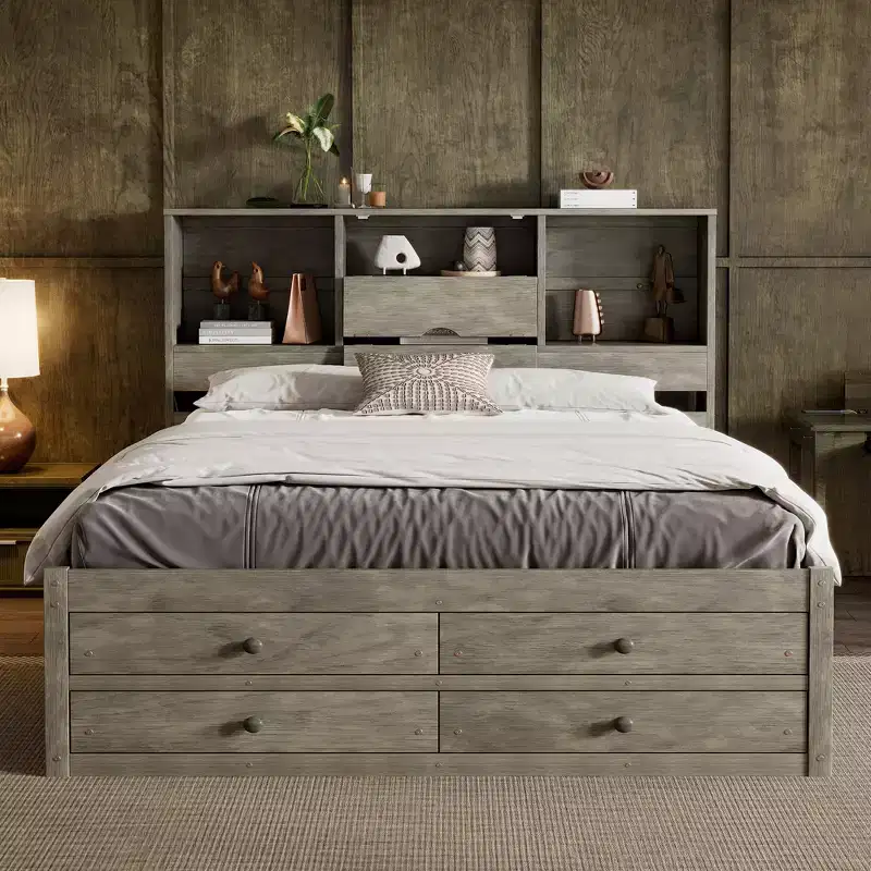 Queen Size Platform Bed with Storage Shelf and 8 Drawers, Easy Assembly