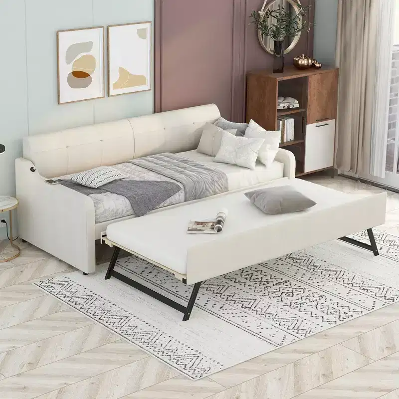Bellemave Twin Upholstery Daybed with Trundle and USB Charging Design,Upholstered Daybed Frame for Living Room,Trundle can be Flat or Erected,Beige