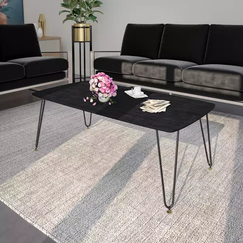 LeisureMod Elmwood 47 Rectangular Modern Wood Coffee Table  Metal Legs, Brown Finish, Accent Table for Living Room, Lounge & Contemporary Spaces