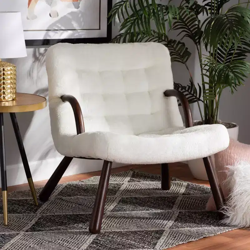 Eisa Faux Shearling Upholstered and Wood Accent Chair White/Walnut Brown - Baxton Studio