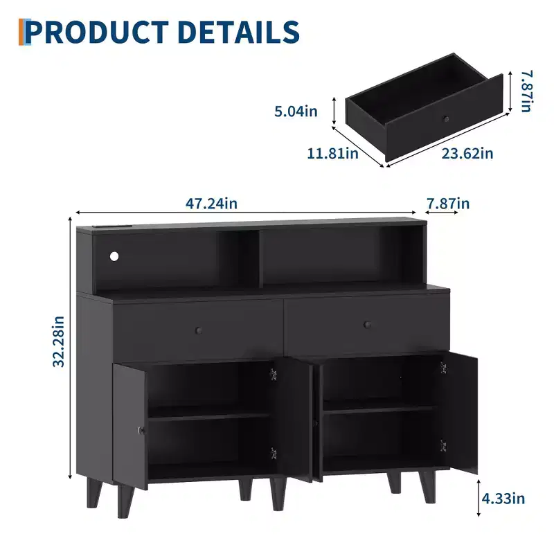 47.2 Coffee Bar Cabinet with Power Outlets, Buffet Sideboard with 2 Drawers, 4 Doors & Shelves