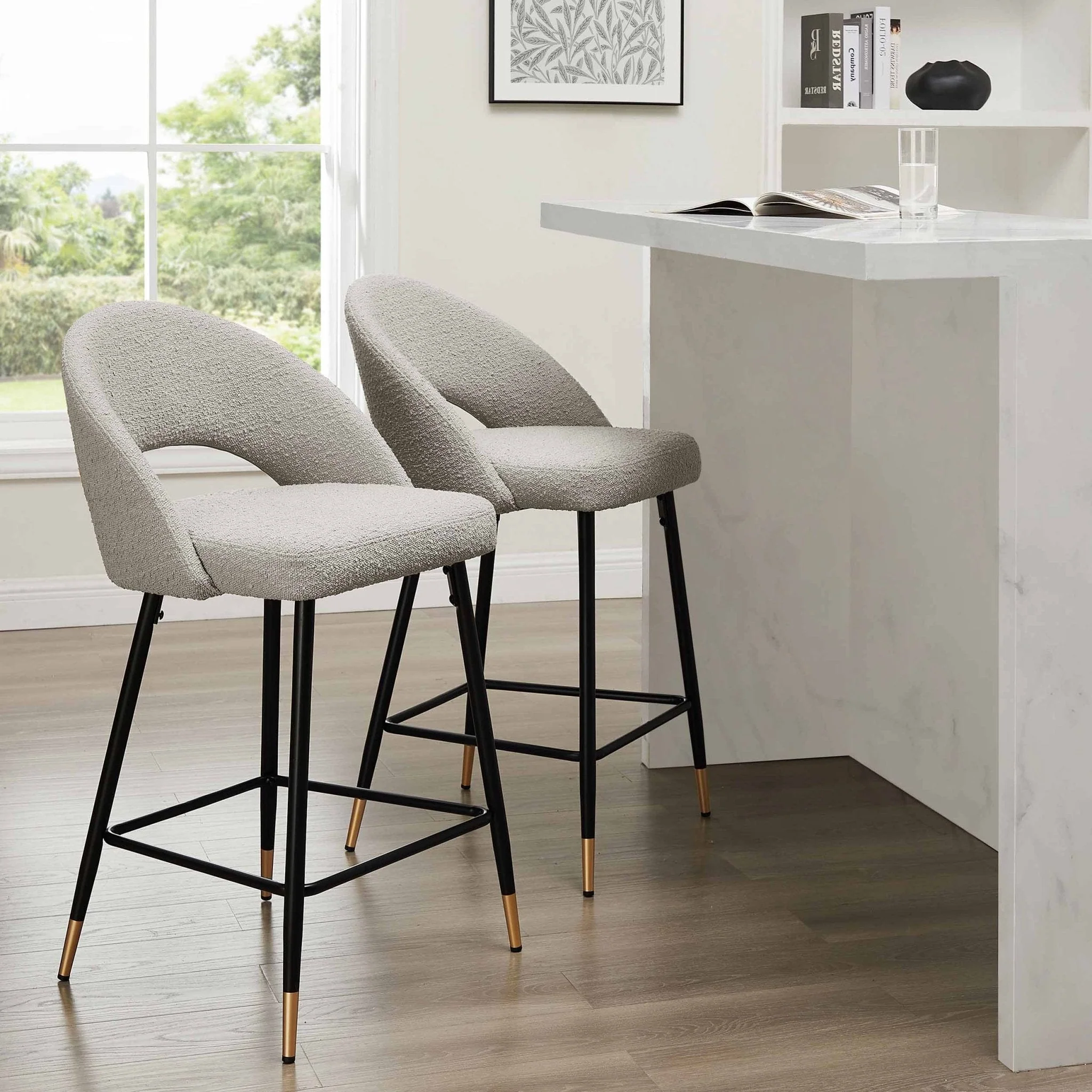 Contemporary Taupe Boucle Barstool with Half-Moon Design for Kitchen