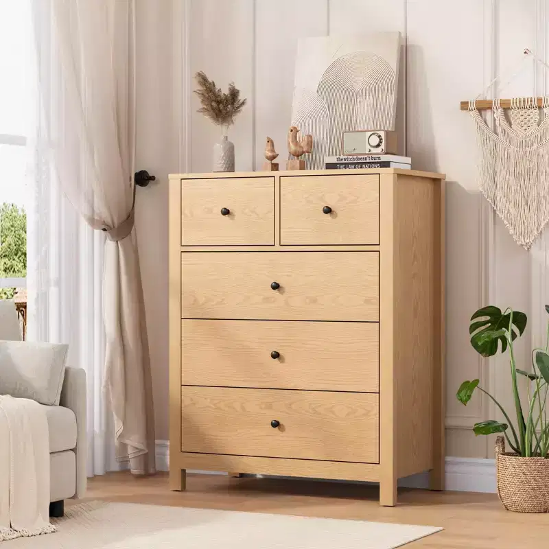 Tall Modern 5-Drawer Dresser with Deep Drawers & Metal Knobs,Wooden Double Storage Chest for Kids' Bedroom, Entryway & Hallway