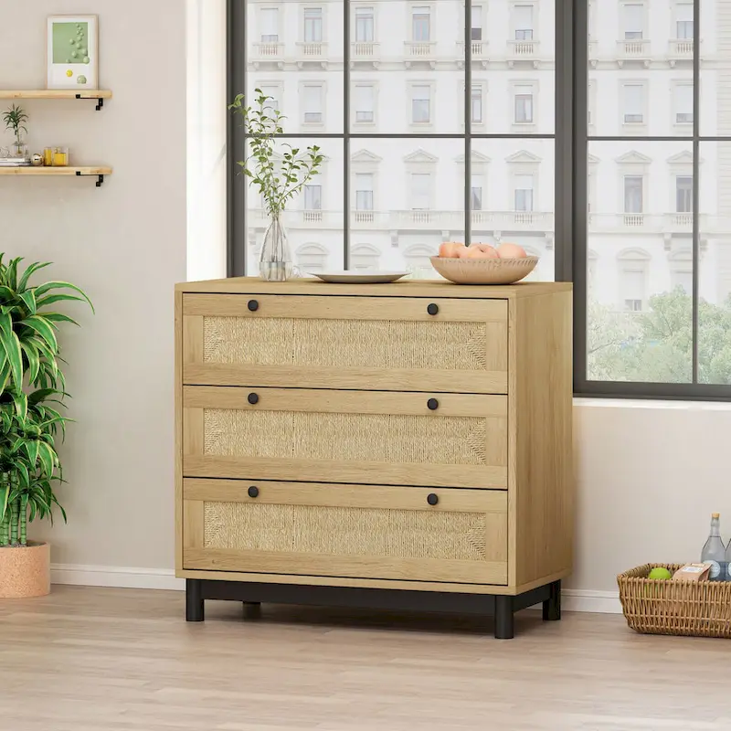 Modern Rattan Dresser, 30.31 3-Drawers Rattan Storage Cabinet, Dresser for Bedroom, Rope Woven Drawer, Chest of Rattan Drawers