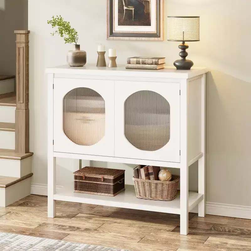 Modern Reeded Glass Cabinet, Storage Buffet Sideboard for Kitchen Dining Room