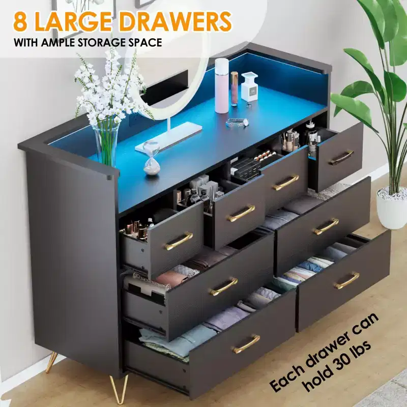 8-Drawer Dresser with Power Outlet, LED Lights & Gold Handles, Modern Wood Chest, White