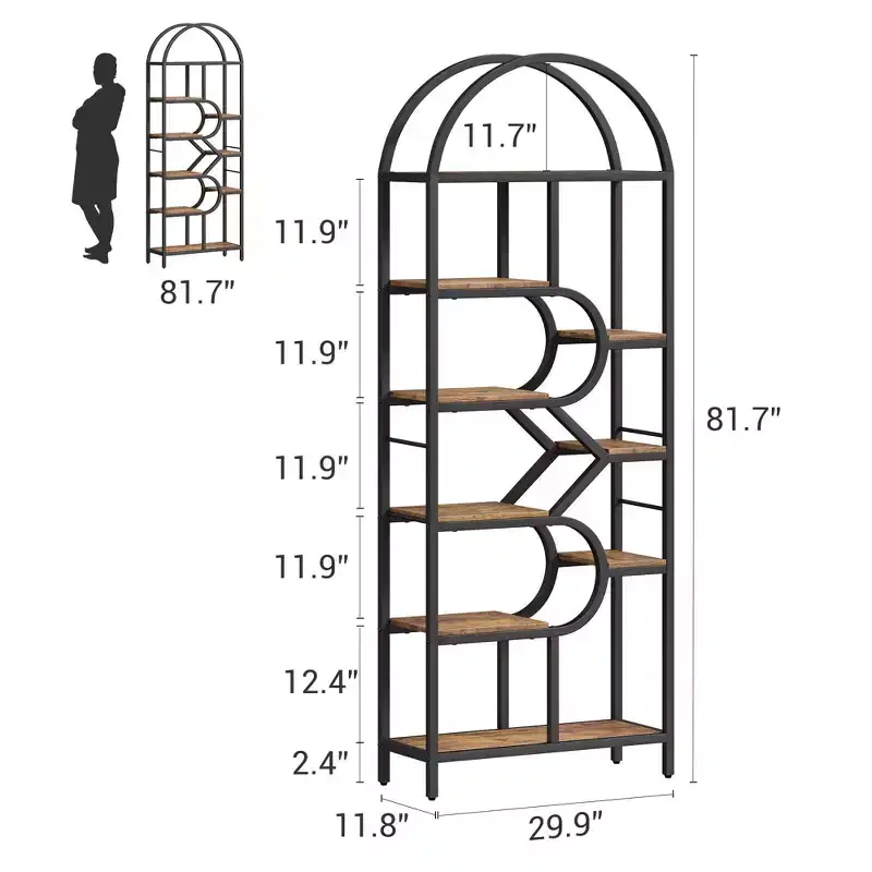 6-Tier Open Arched Bookshelf, 81.7 Tall Geometric Metal Frame Bookcase, Large Storage Display Shelf for Bedroom, Living Room, Office