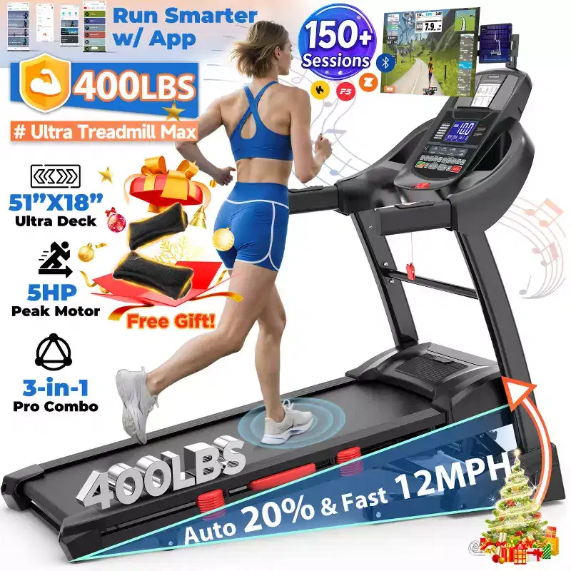 5HP Foldable Treadmill for Home w/ 20% Auto Incline,400lb Capacity, 12MPH Portable Running Walking Treadmill,71 Programs, Personalized Workout w/ APP