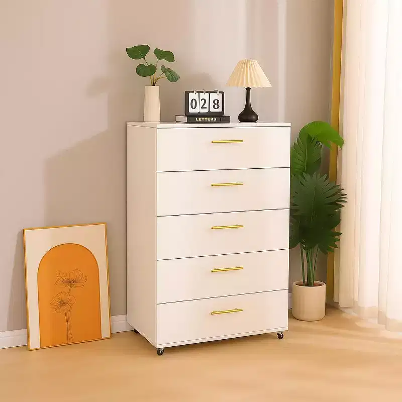 JVNOXK 30-inch Modern Five-Drawer Cabinet with Handles Storage Cabinet with Four-Way Casters Suitable for Bedrooms and Living Rooms White
