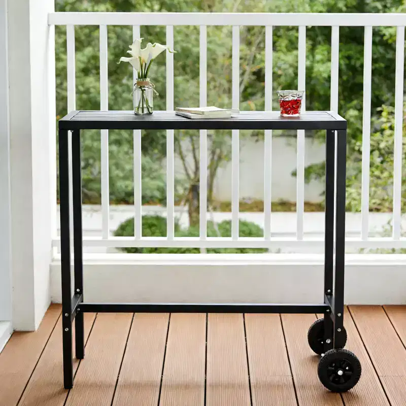 Mobile Outdoor Bar Table with Wheels, Waterproof Metal Slatted Top, Counter Height Table for Patio, Poolside, Yard & Kitchen