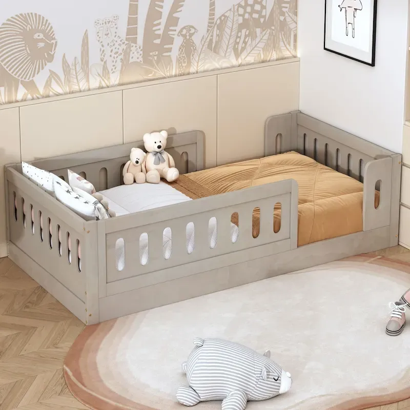 Natural/White Twin Size Platform Bed with Guardrail, 1-Person
