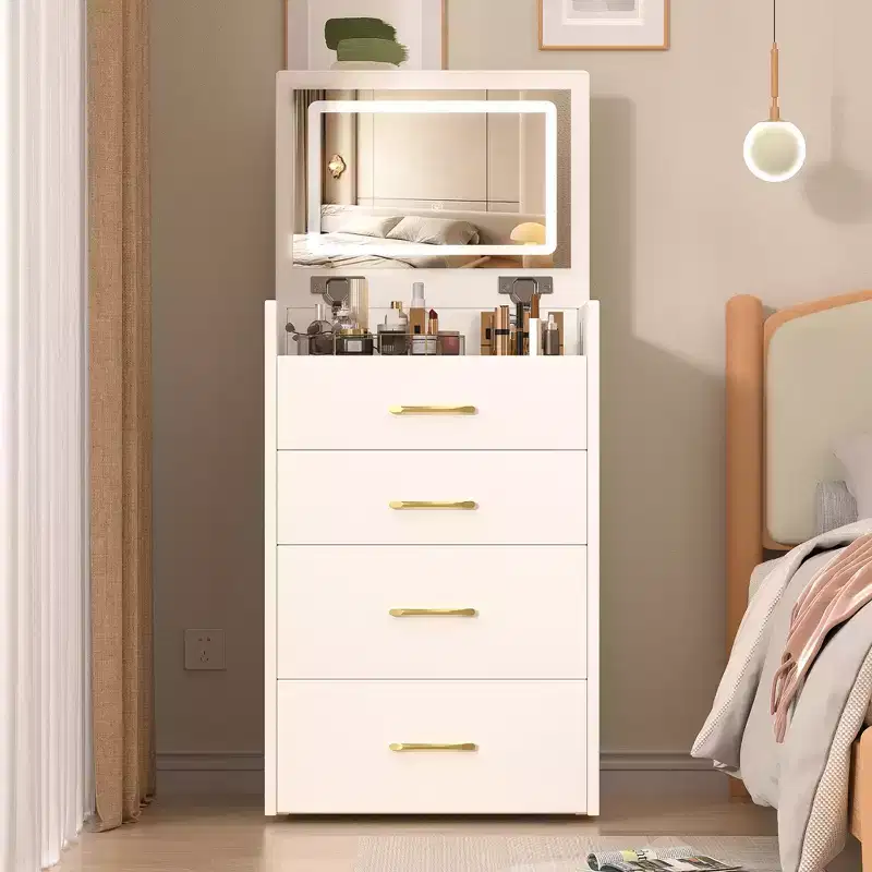 3 in 1 Makeup Vanity Desk Compact Vanity Table Dressing Table with Bench, Lighted Mirror, Drawers & Visible Glass Desktop, White - ModernLuxe