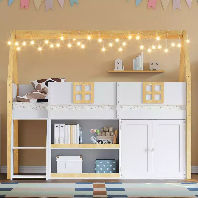 Twin/Full Size Low Loft Bed Kid Playful House Bed with Step Staircase, Shelves, Storage Cabinet & LED Light, White & Natural - ModernLuxe