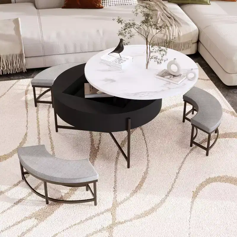 Modern Round Lift-Top Coffee Table with Storage and 3 Ottomans, White/Black