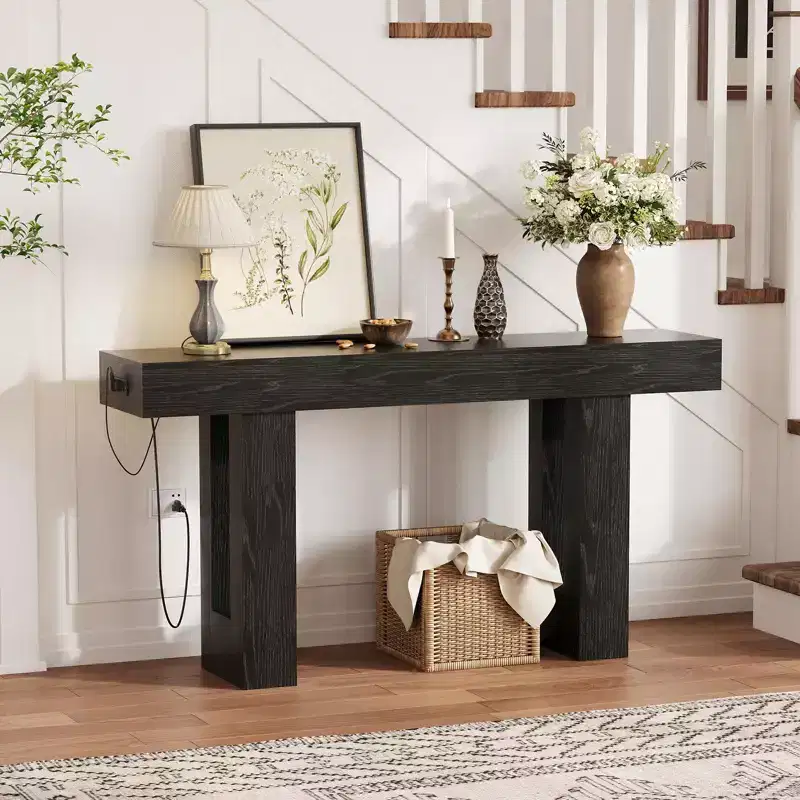 Console Table with Power Outlet, Extra Long Sofa Table Behind Couch, Narrow Entryway Table for Hallway, Entrance, Living Room