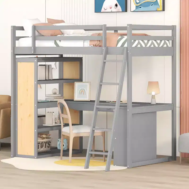 Loft Bed with Desk and Shelves, Solid Wood High Loftbed Frame with Storage Drawers for Kids Teens Bedroom