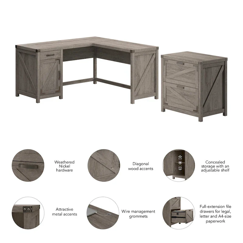 L-Shaped Corner Desk with 2-Drawer File Cabinet – Restored Gray / Reclaimed Pine / Cottage White