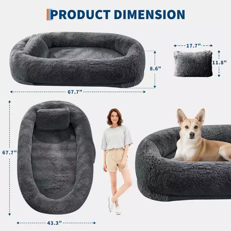 65x41x12 Human Dog Bed for Adult & Pets, Faux Fur Removable Human Dogs Bed with Portable Handle, Side Pocket, Egg Orthopedic Foam, Large Dog Beds