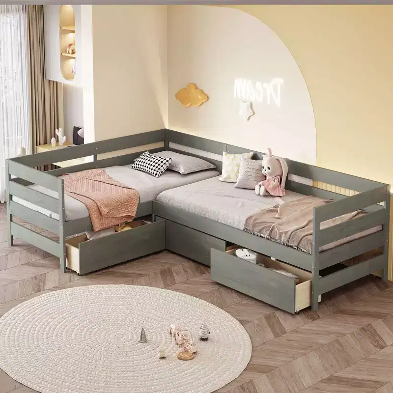 Whisen Twin Size L-shaped Platform Bed with Three Storage Drawers
