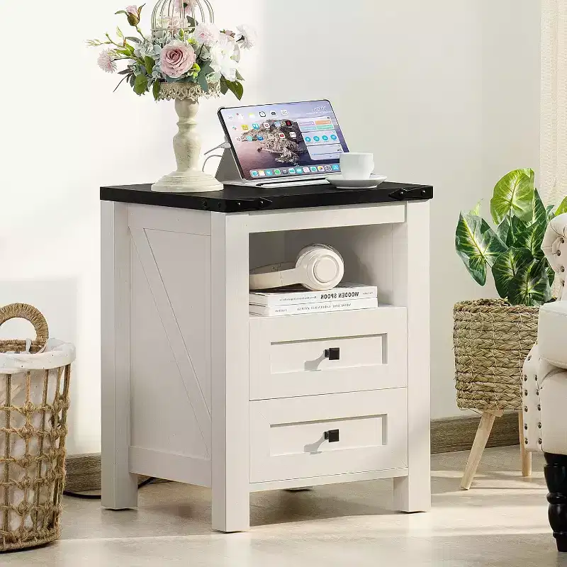 Farmhouse Nightstand Set of 2 with USB Charging with 2 Drawers Open Shelf Storage