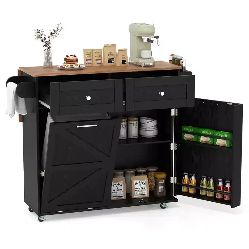 Costway Rolling Kitchen Island Kitchen Island Cart with Drop Leaf Trash Can Cabinet Black/White