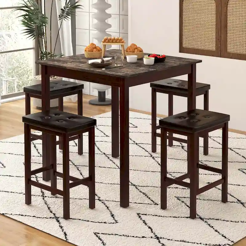 Costway 5 PCS Bar Table Set Square Dining Table & 4 PVC Leather