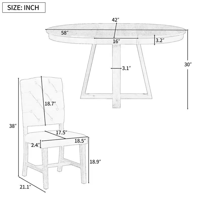Whisen Retro Style 5-Piece Extendable Dining Set with 4-Botton Tufted Upholstered Chairs