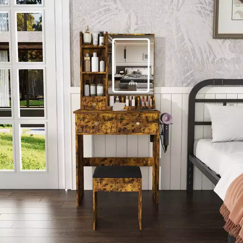 Makeup Vanity Desk Vanity Table Dressing Table with Stool, 3 Color Mode Lighted Mirror, Hair Dryer Holder, Power Outlet & Storage Drawers -ModernLuxe