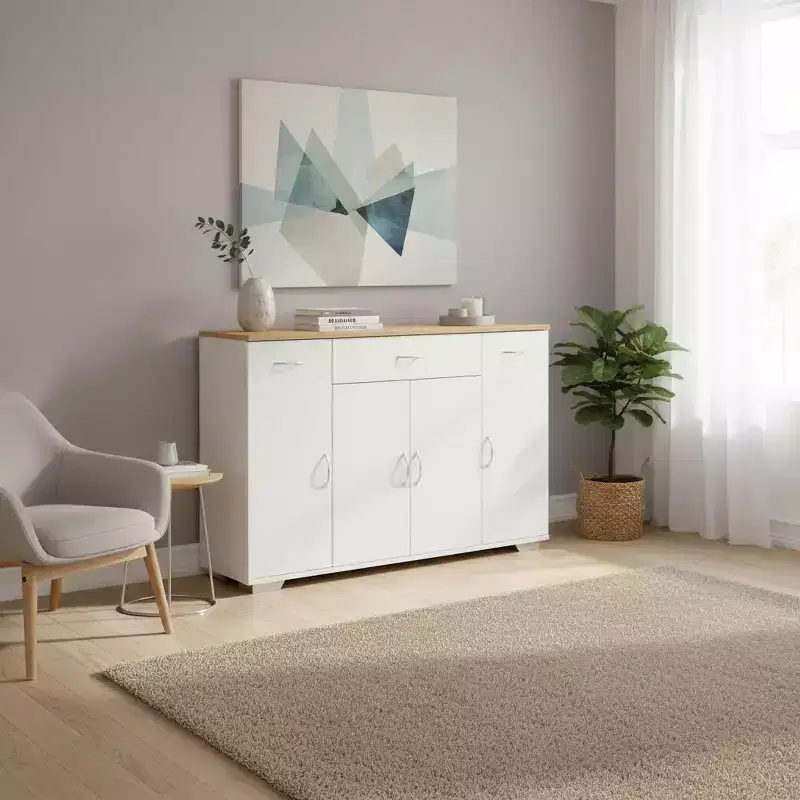 FurnitureR Modern Farmhouse Sideboard Buffet Storage Cabinet, Wooden Coffee Buffet Table with Drawer and Shelves, 43.3 Barn Doors Storage Cabinet
