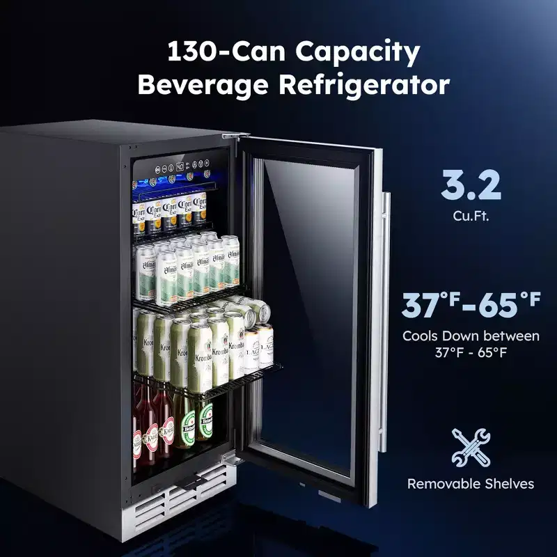 Simzlife 3.2 cu. ft. Beverage Refrigerator, 130 Cans, Glass Door, Adjustable Shelves & Digital Control, Freestanding/Built in, for Soda/Energy drinks