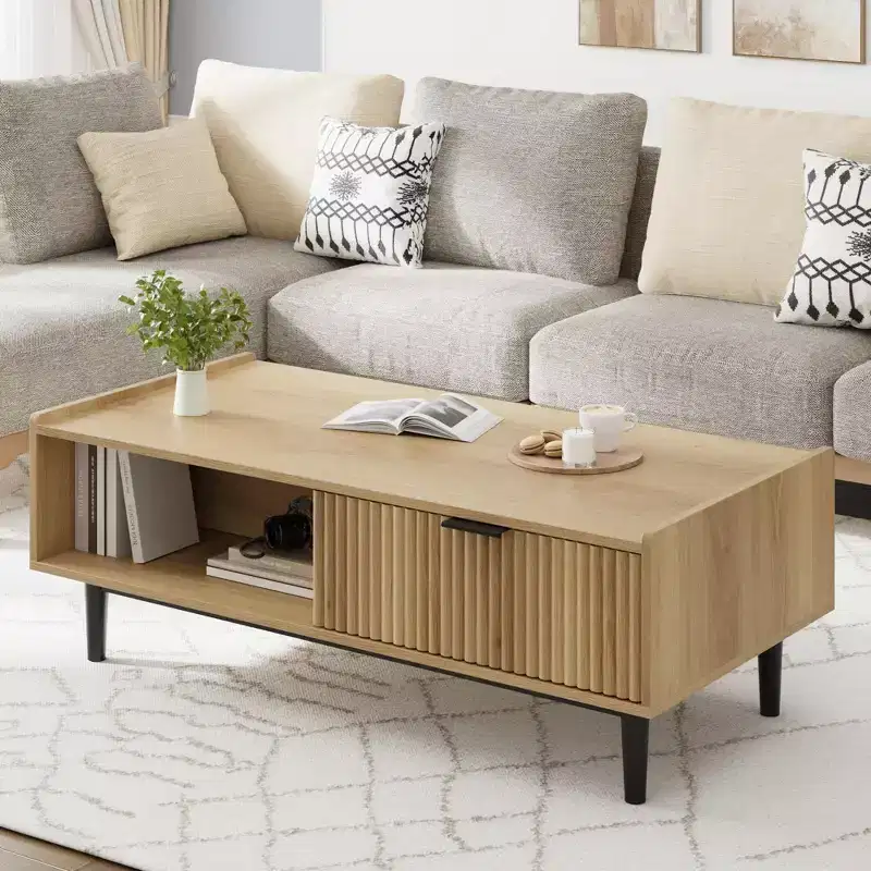 Coffee Table 42.5 Mid Century Modern Center Table with Drawer Fluted Living Room Table with Open Shelf Rectangle Coffee Table Easy Assembly
