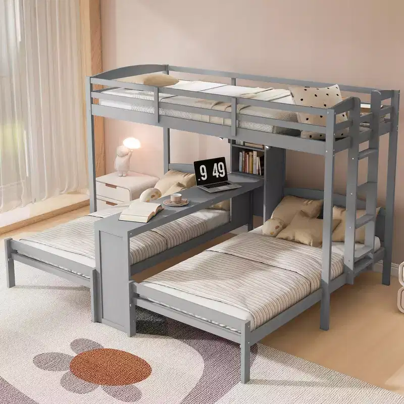 Whisen Twin over Twin & Twin Bunk Bed with Built-in Desk and Storage Shelves, Reading Lamp, 3 Beds in 1 Design