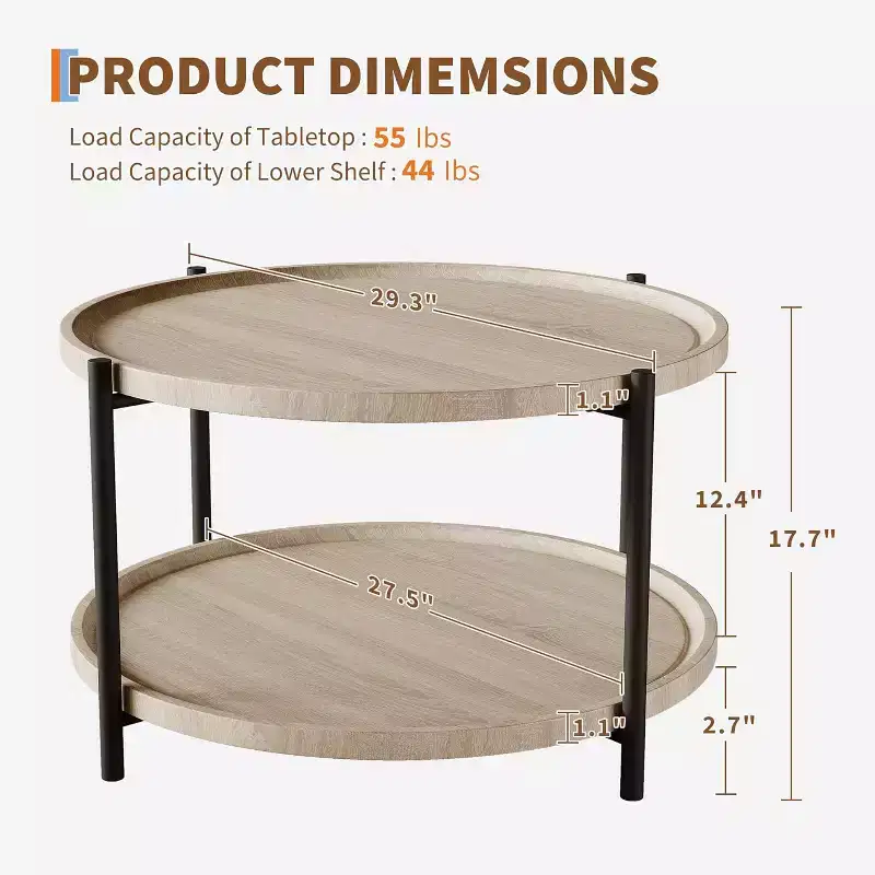 Round Boho Wood Coffee Table, 29.3in Farmhouse Natural Circle Wooden 2-Tier Coffee Tables Living Room Furniture, 29.3 D x 17.7 H