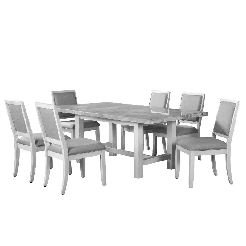 7pc Canova Dining Set Weathered White - Steve Silver Co.: Gray Velvet Chairs, Rectangle Table