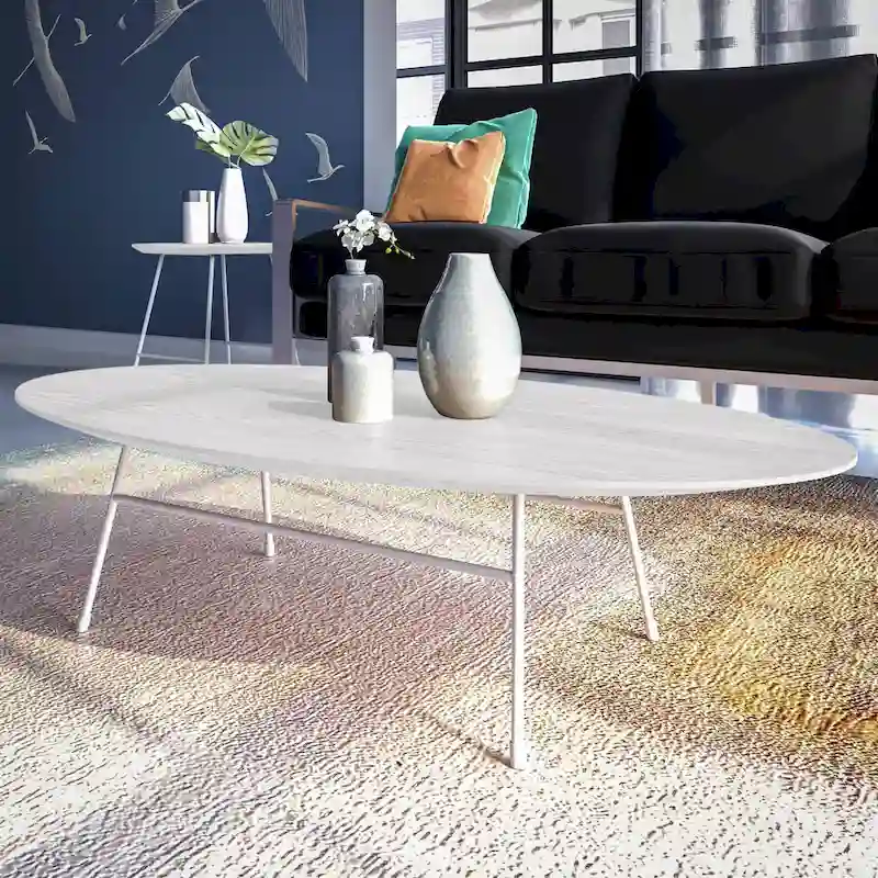 Modern Oval Accent Coffee Table with Powder-Coated Steel Frame for Living Room, Bedroom & Home Office