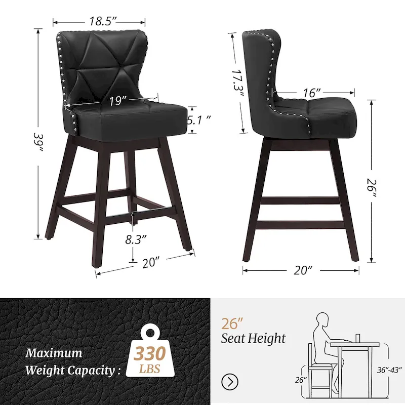 LUE BONA 26 in. Mid-Century Modern Wood Frame Swivel Bar Stools with Faux Leather and Linen Upholstered SeatSet of 4